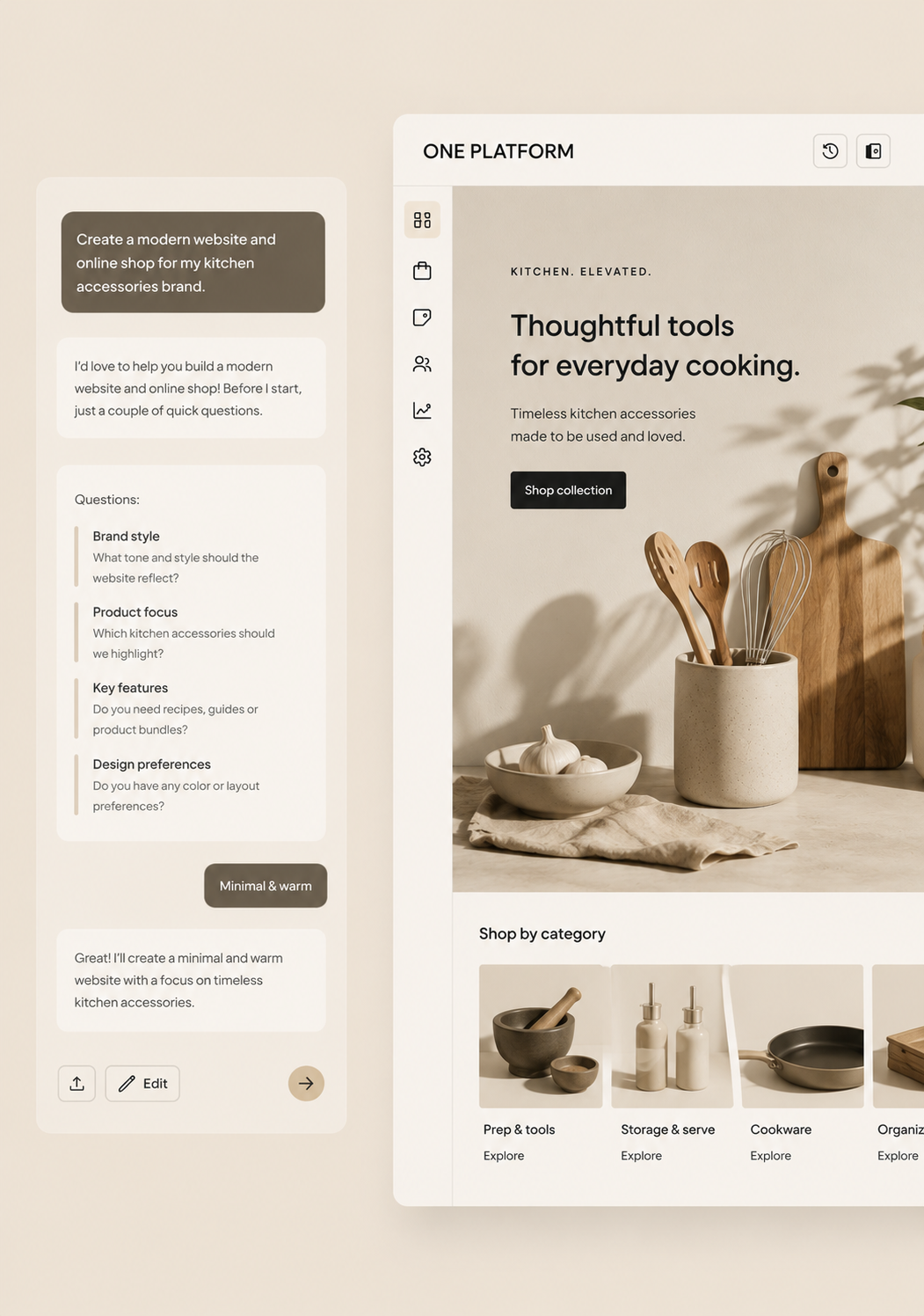 One AI webshop builder with chat interface and live preview